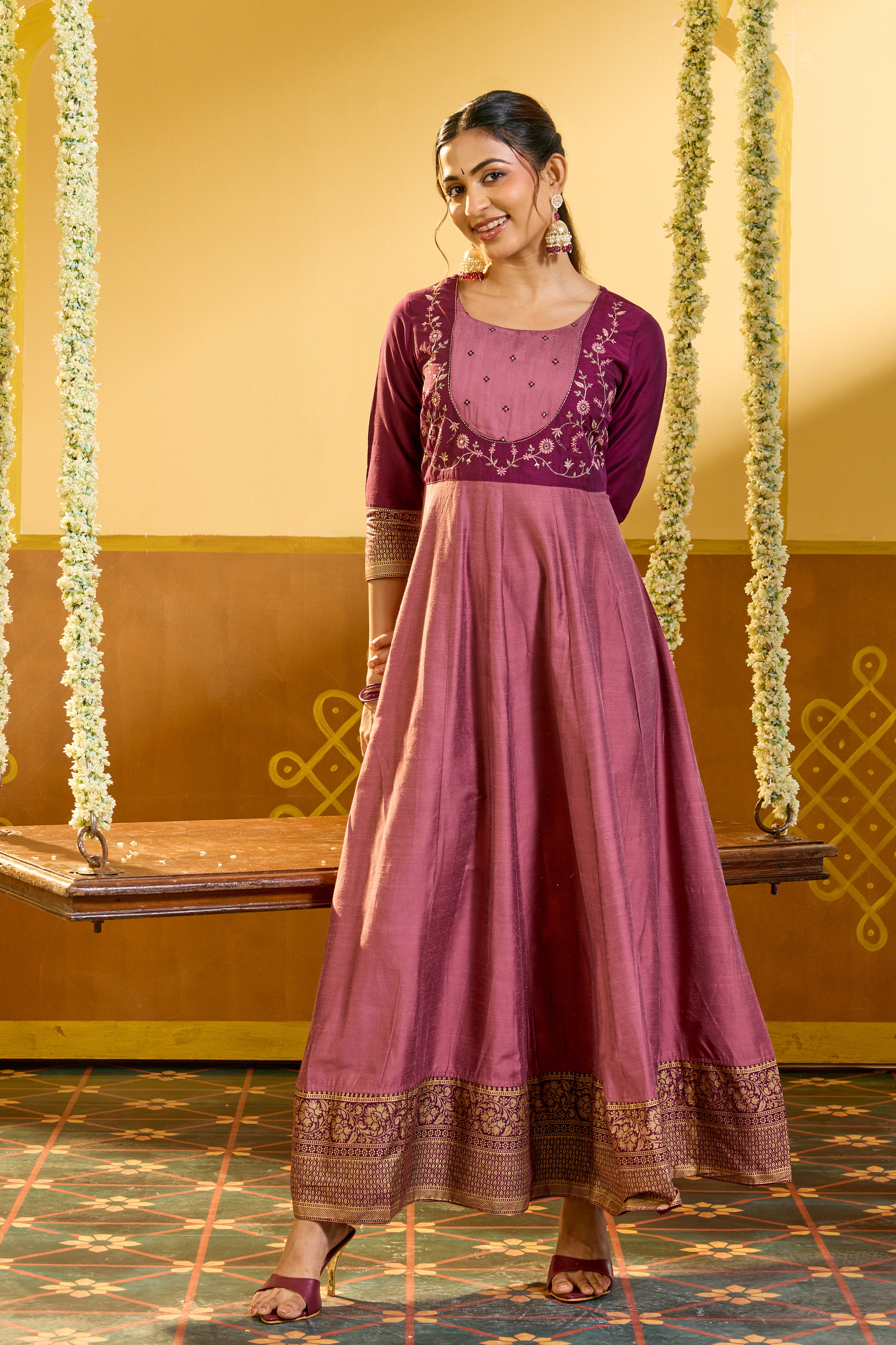 Floral Embroidered Magenta & Purple Anarkali