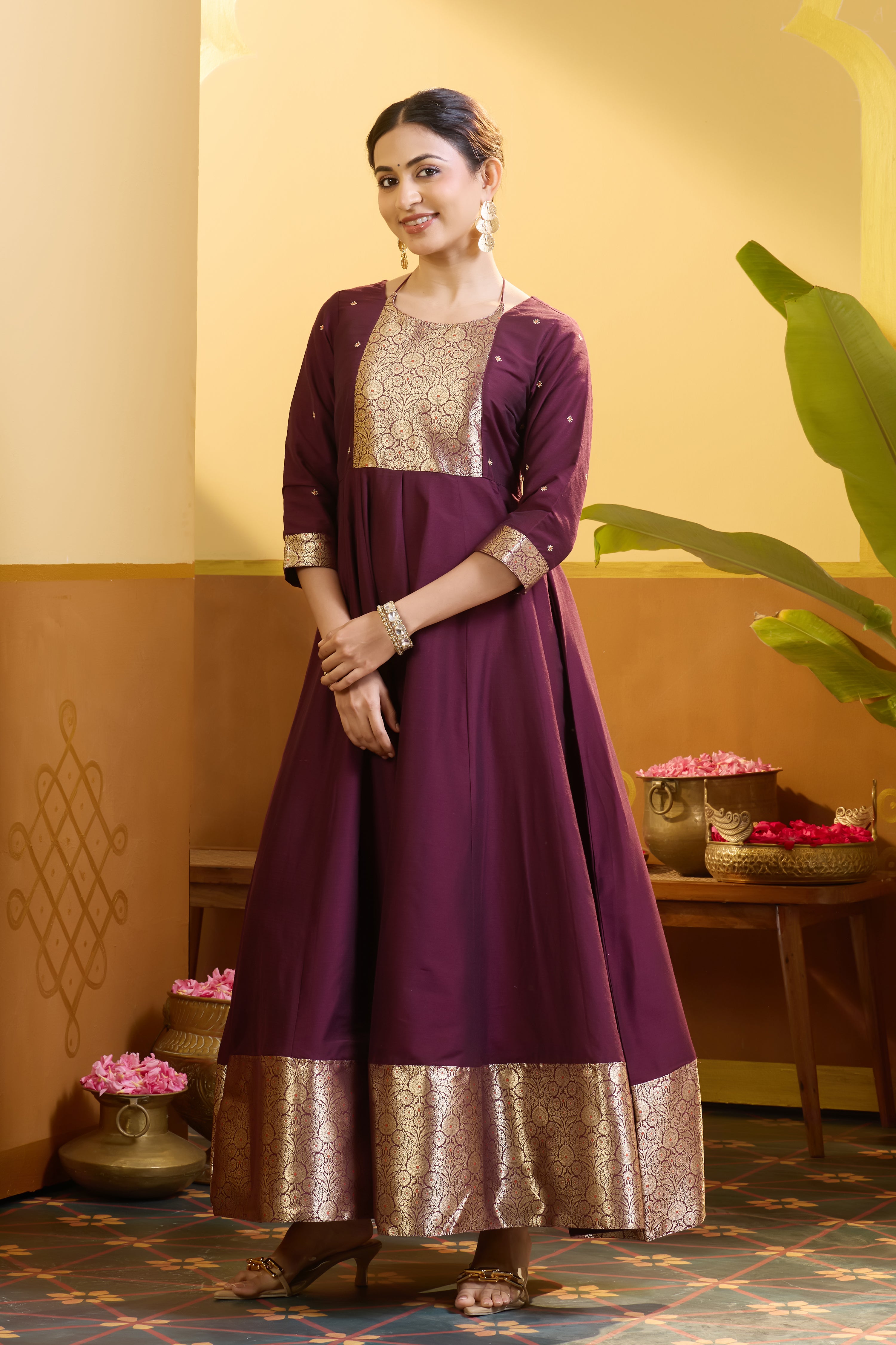 Brocade Yoke Wine Anarkali with Back Tie-up
