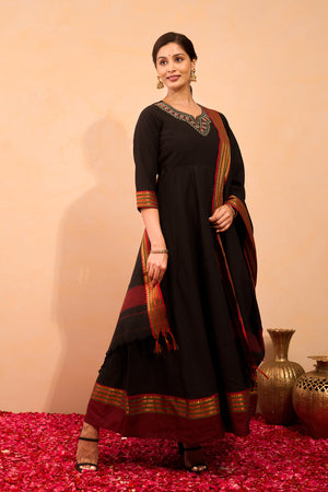 Floral Embroidered Anarkali with Manglagiri Dupatta - Black