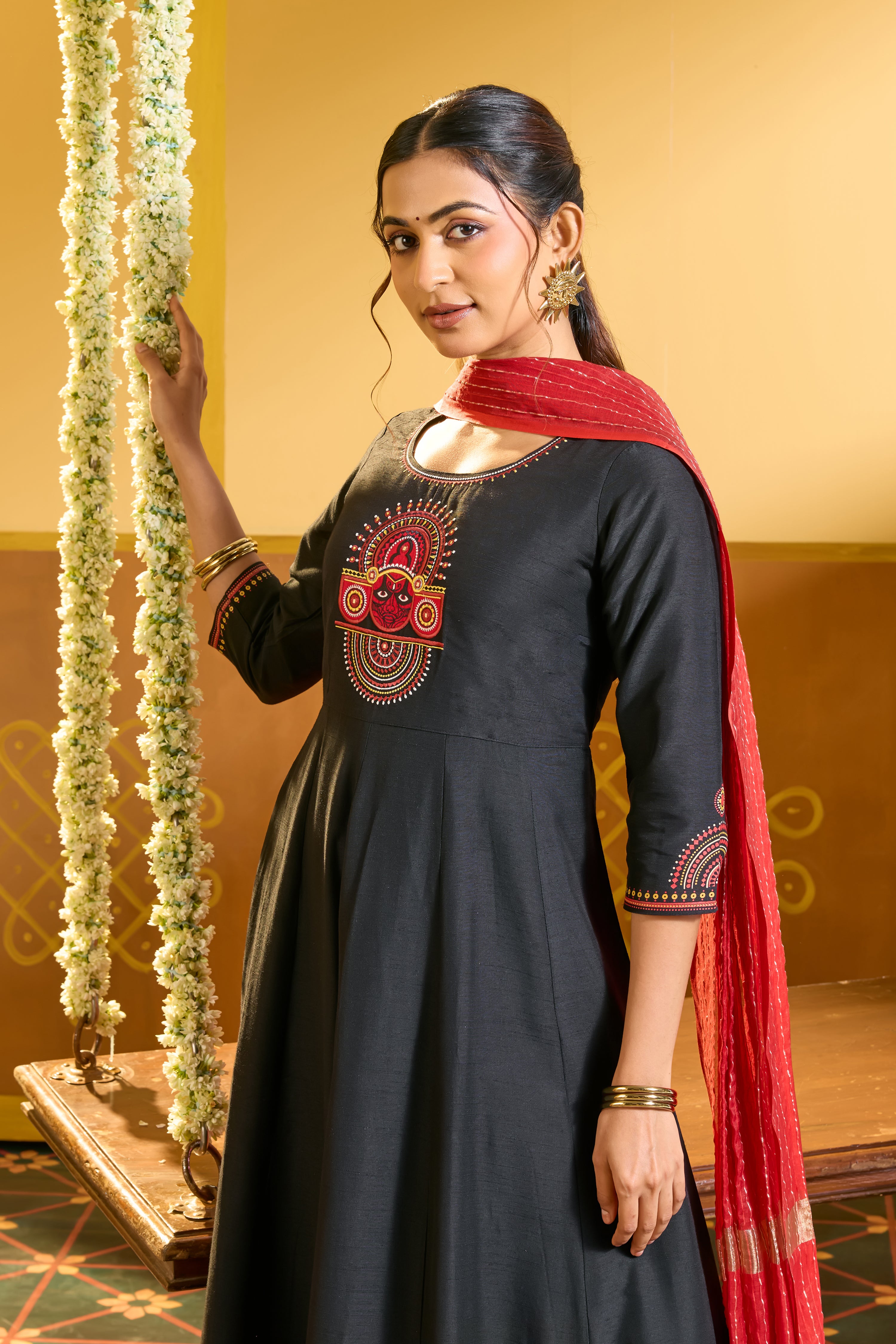 Theyyam Embroidered & Printed Anarkali with Dupatta