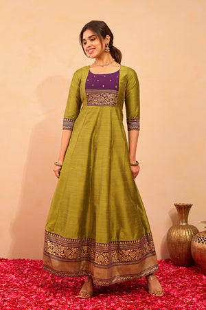 Floral Printed Anarkali with Contrast Yoke - Green