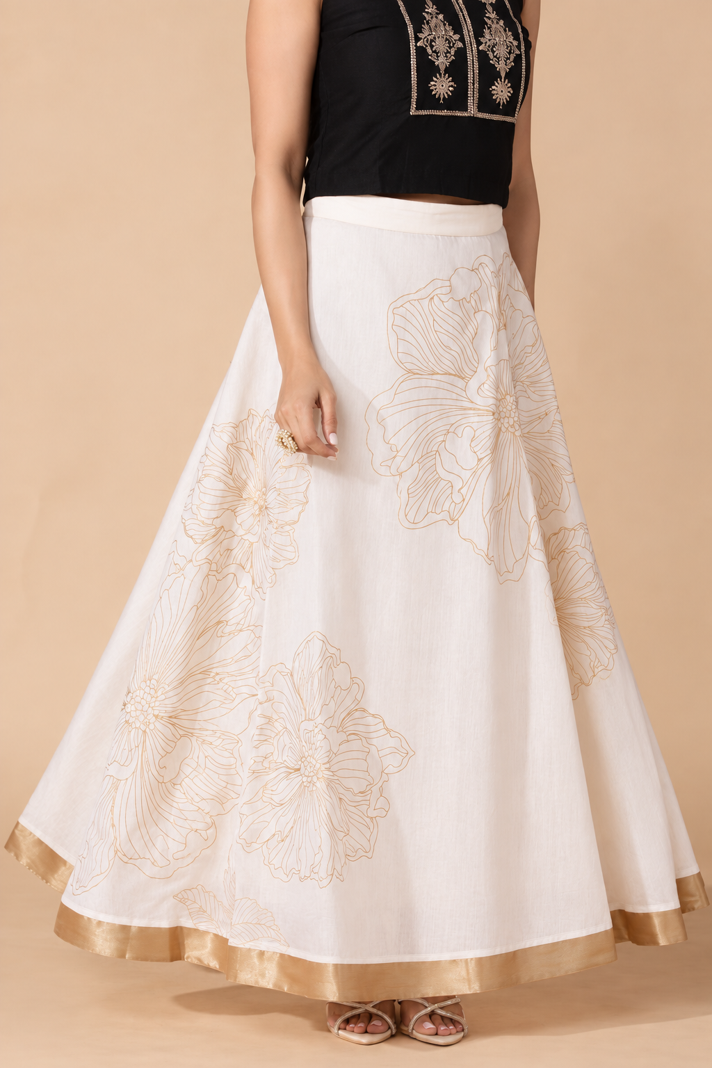 Off White Floral Printed Flared Festive Skirt
