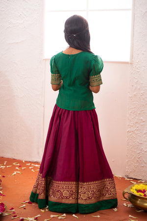 Allover Floral Printed Top With Contrast Border Kids Skirtset Green Magenta