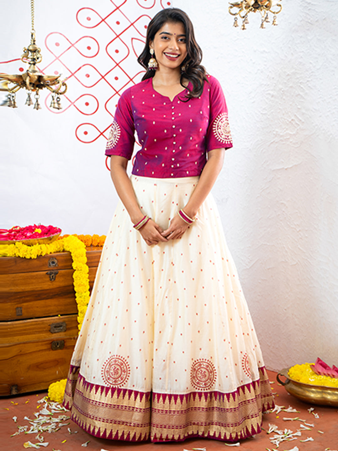 Allover Mandala Printed Top & Geometric Printed With Contrast Border Skirt Set- Magenta & Off White