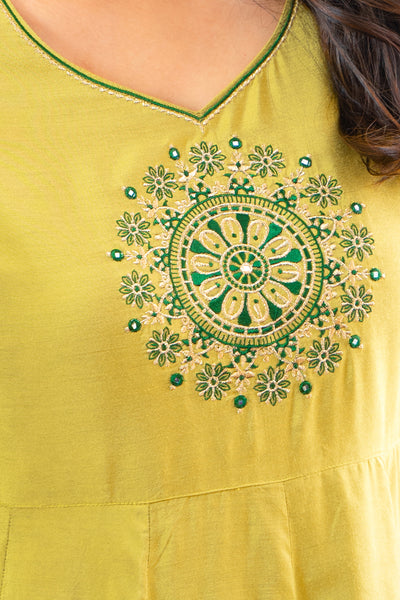 Mandala Placement Embroidered Printed Anarkali yellow