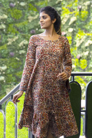 Red & Beige Kalamkari Cotton Kurta – Flowy Summer Ethnic Dress
