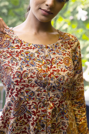 Red & Beige Kalamkari Cotton Kurta – Flowy Summer Ethnic Dress