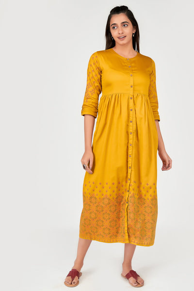 Ethnic Motif Printed Gathered Flare Dress - Yellow