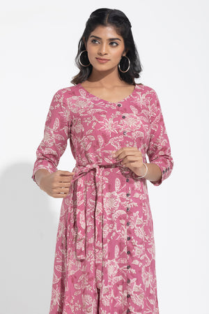 Botanical Floral Printed A-Line Pink Dress