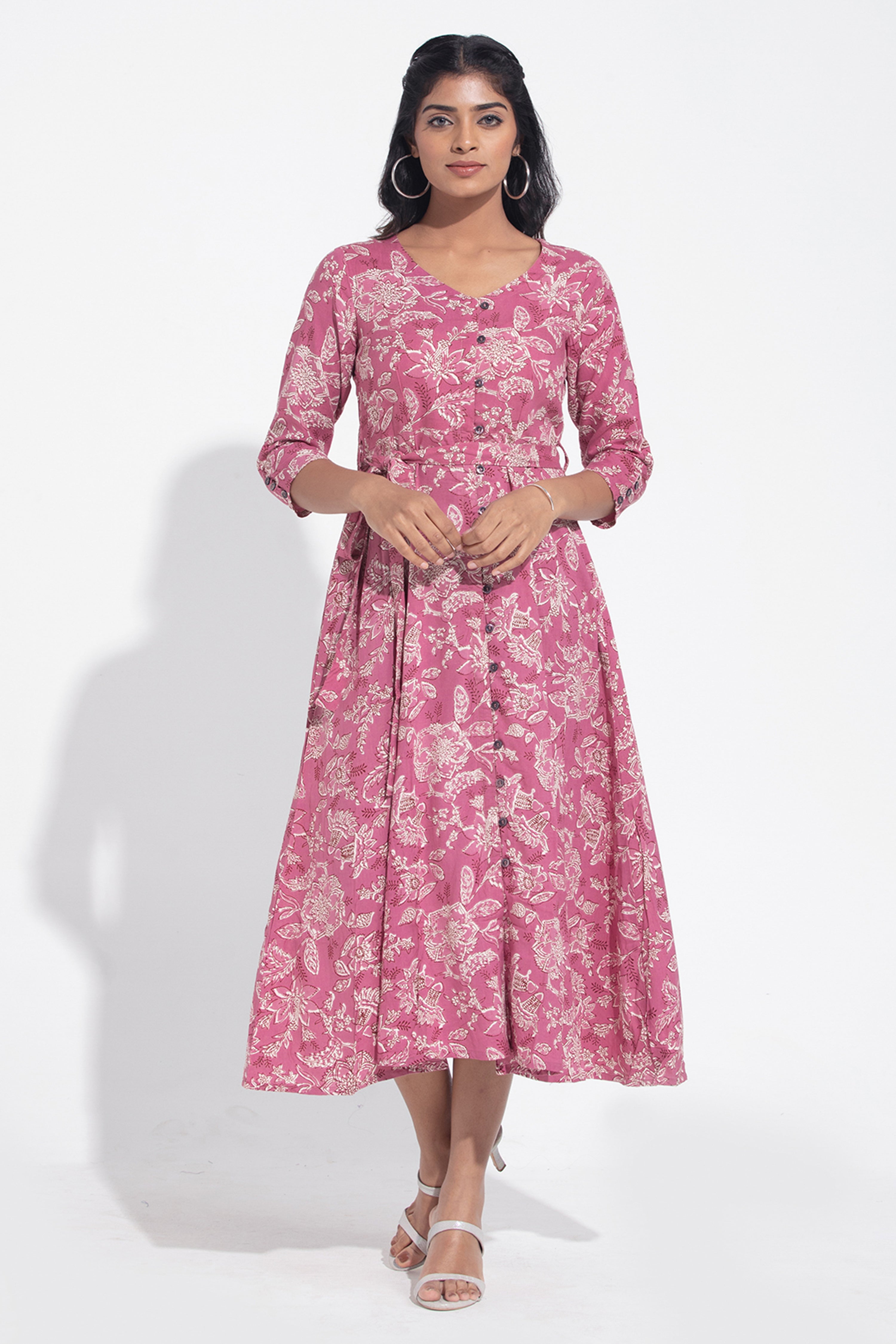 Botanical Floral Printed A-Line Pink Dress – Maybell Womens Fashion