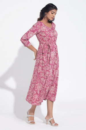 Botanical Floral Printed A-Line Pink Dress