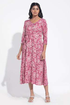 Botanical Floral Printed A-Line Pink Dress