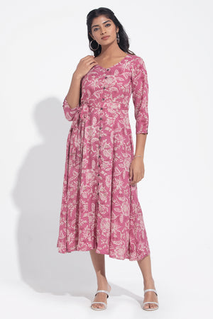 Botanical Floral Printed A-Line Pink Dress