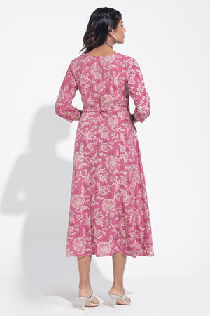 Botanical Floral Printed A-Line Pink Dress