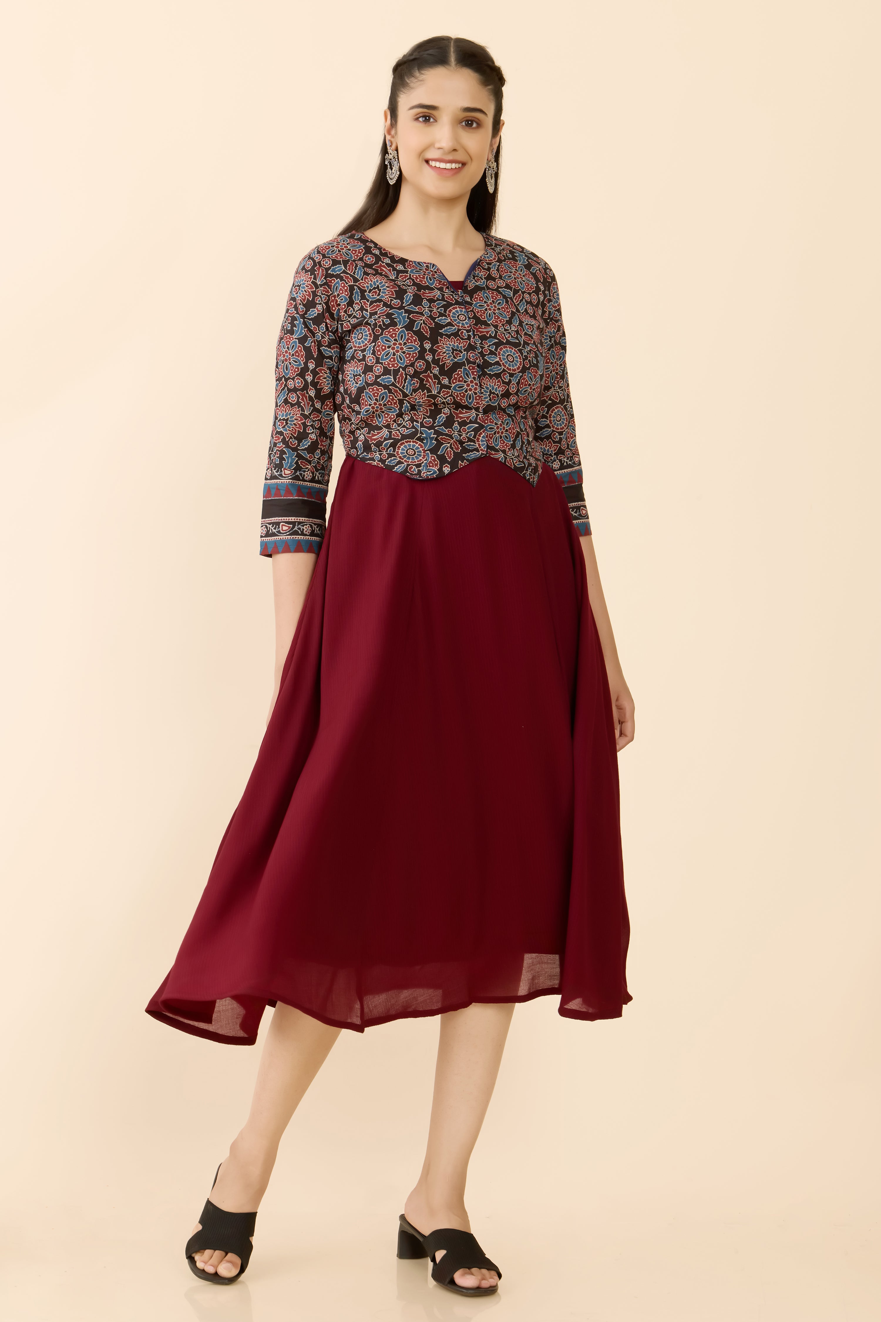 MAROON AJRAKH PRINTED A-LINE ETHNIC DRESS