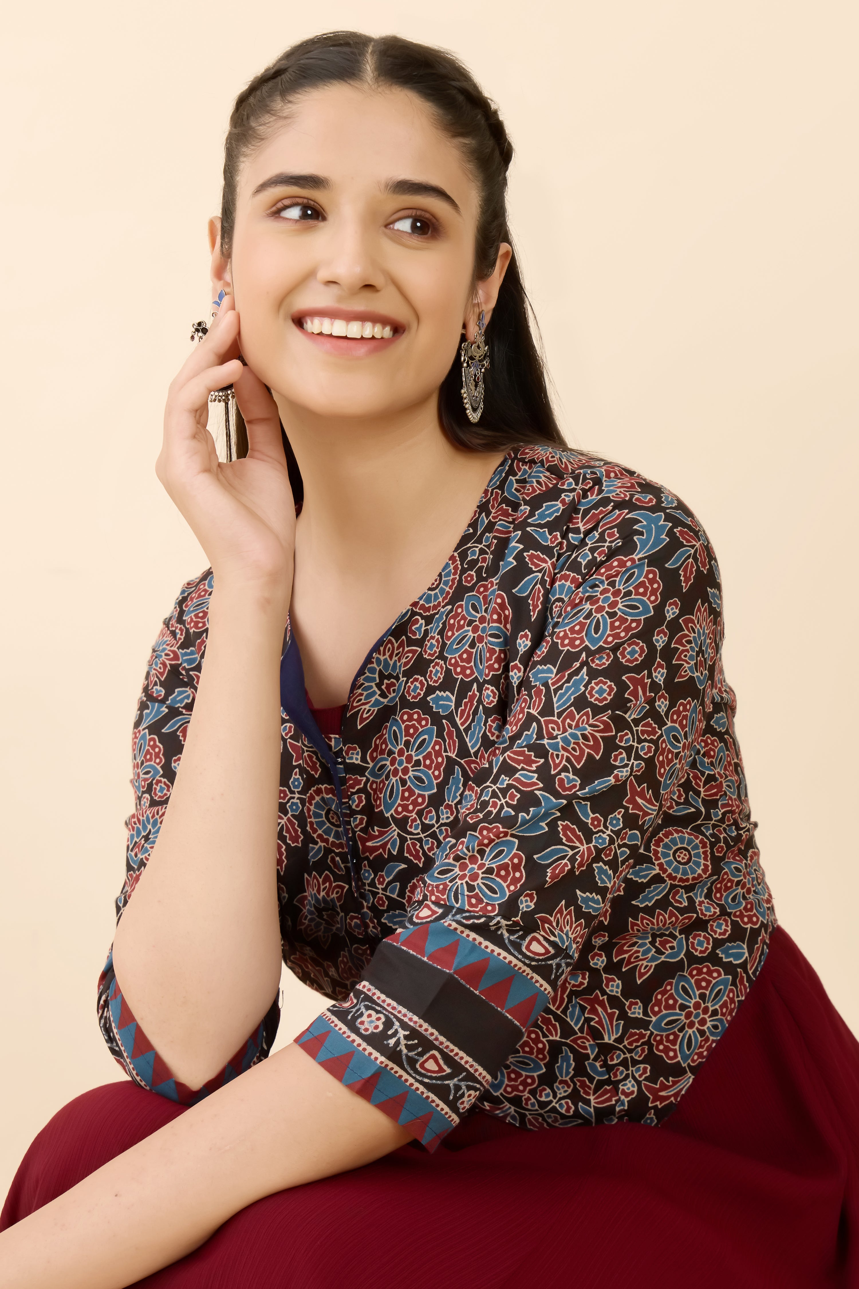 MAROON AJRAKH PRINTED A-LINE ETHNIC DRESS