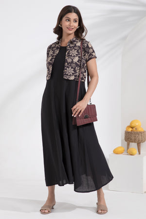 Black Cotton A-Line Ethnic Dress with Printed Crop Shirt