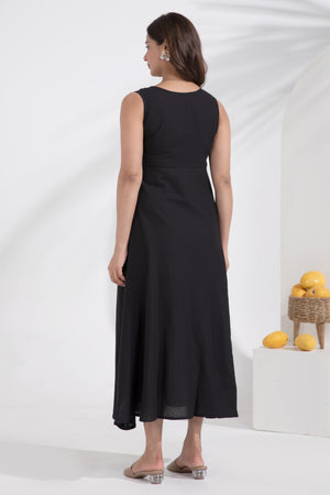 Black Cotton A-Line Ethnic Dress with Printed Crop Shirt