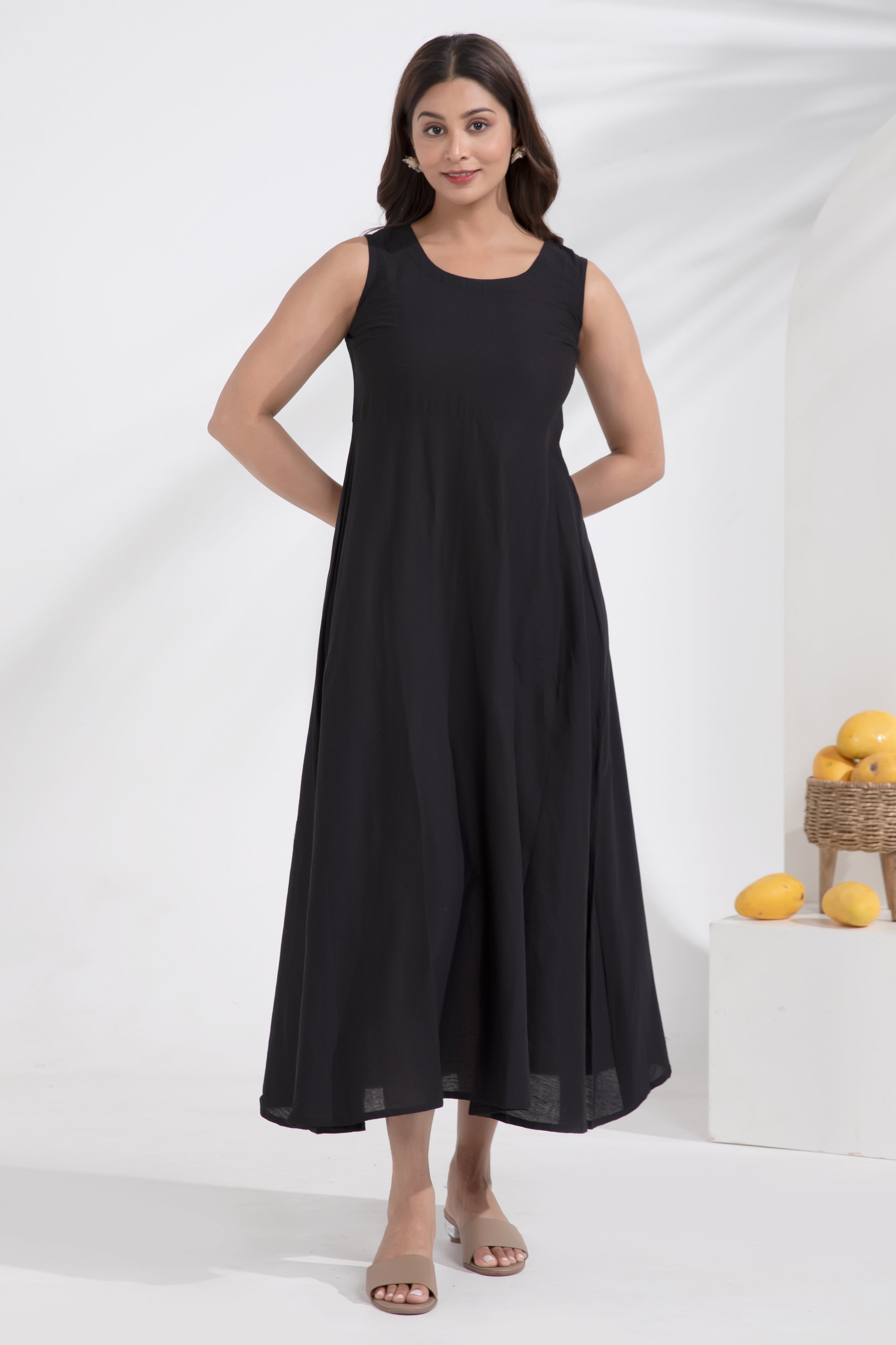 Black Cotton A-Line Ethnic Dress with Printed Crop Shirt