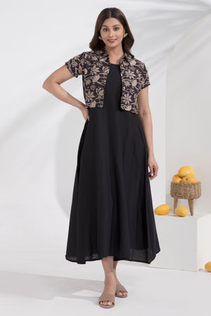 Black Cotton A-Line Ethnic Dress with Printed Crop Shirt