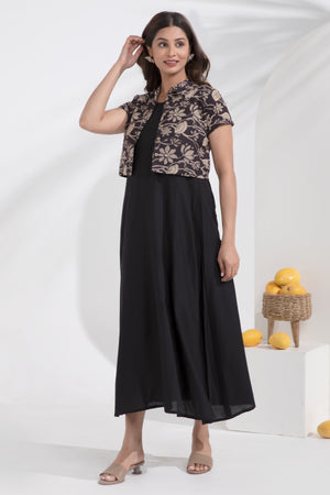 Black Cotton A-Line Ethnic Dress with Printed Crop Shirt