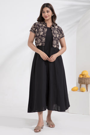 Black Cotton A-Line Ethnic Dress with Printed Crop Shirt