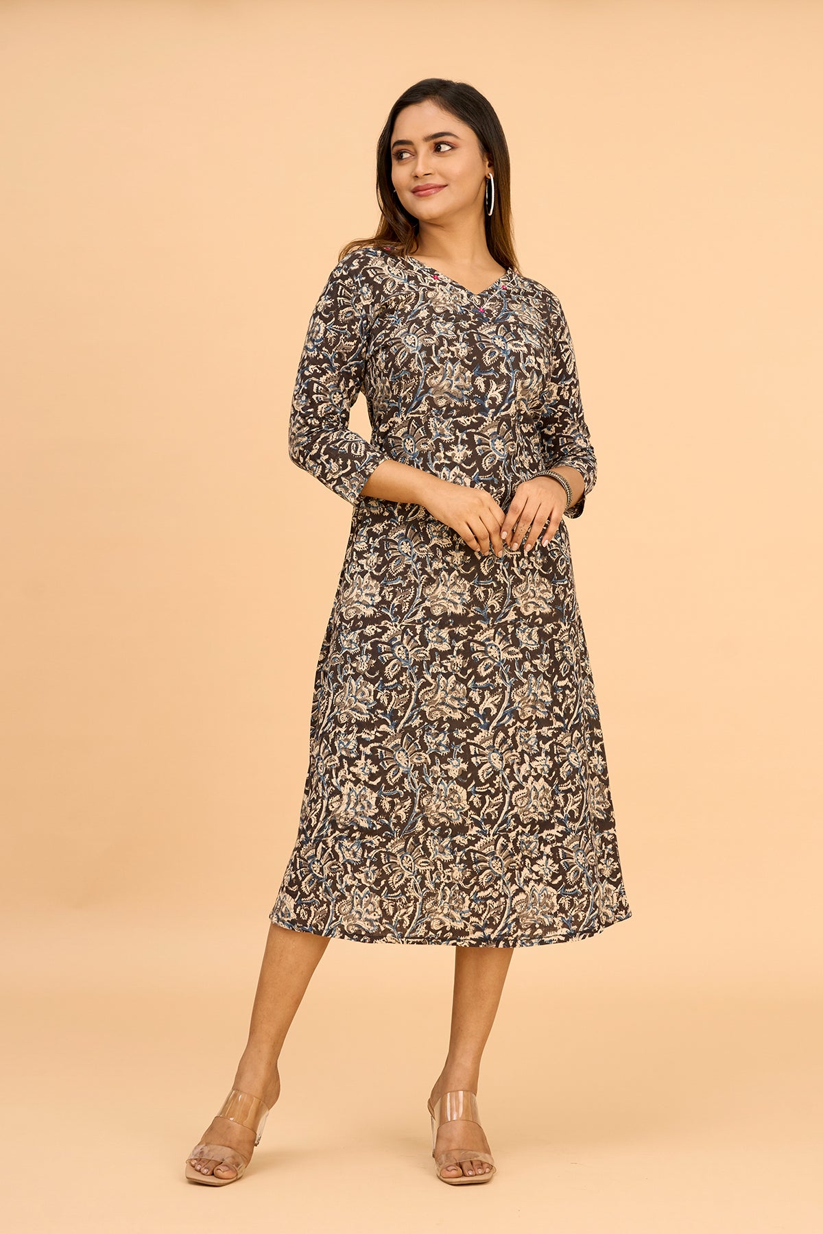 black kalamkari dress Black Kalamkari Cotton Gathered Midi Dress
