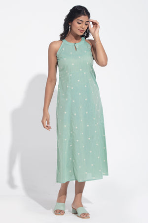 Turquoise Green Heart Dobby Cotton A-Line Dress
