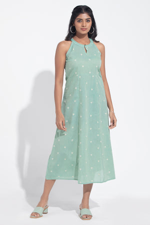Turquoise Green Heart Dobby Cotton A-Line Dress
