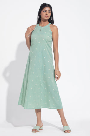 Turquoise Green Heart Dobby Cotton A-Line Dress