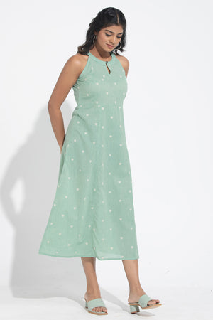 Turquoise Green Heart Dobby Cotton A-Line Dress