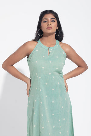 Turquoise Green Heart Dobby Cotton A-Line Dress