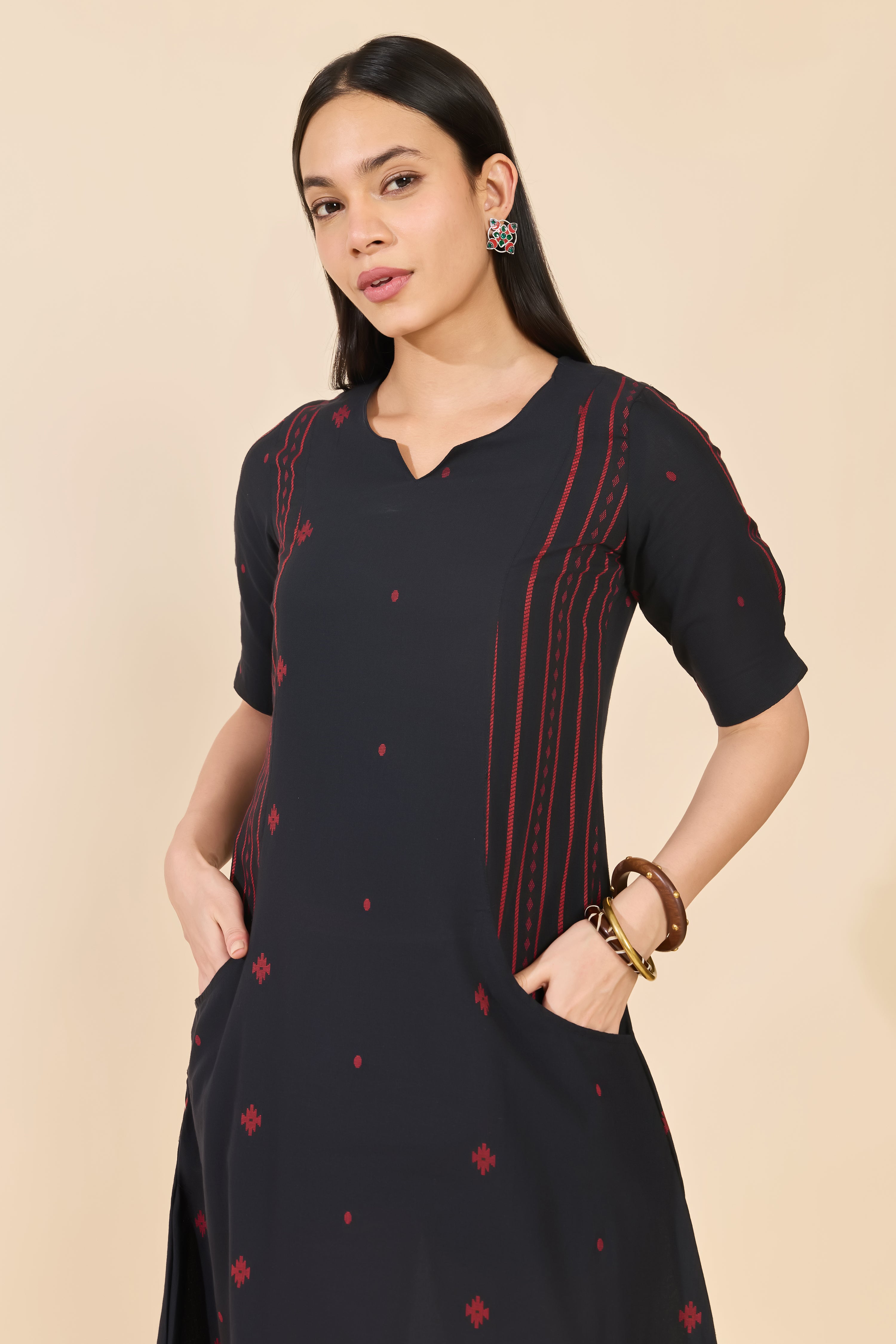 BLACK DOBBY COTTON ETHNIC DRESS