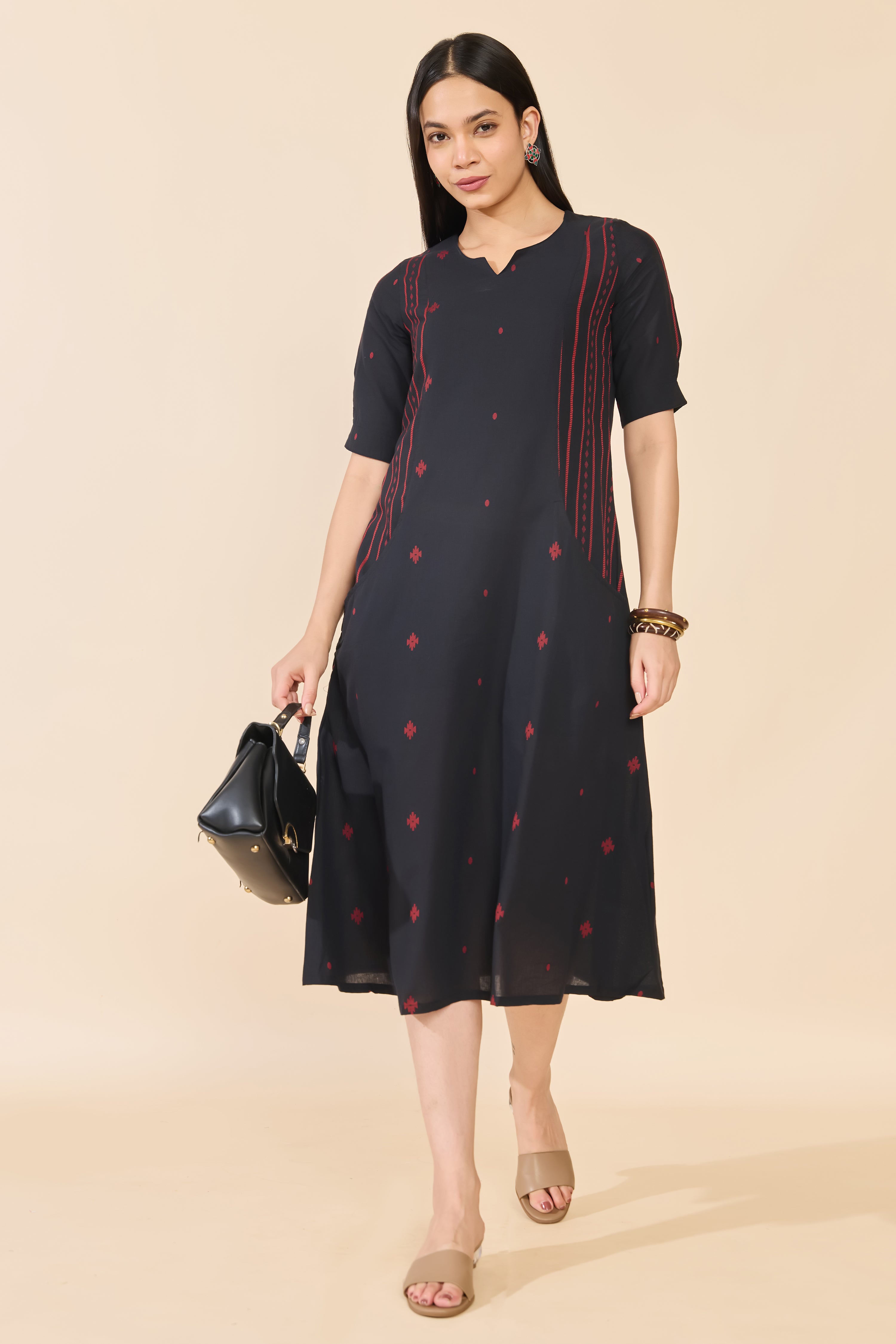 BLACK DOBBY COTTON ETHNIC DRESS