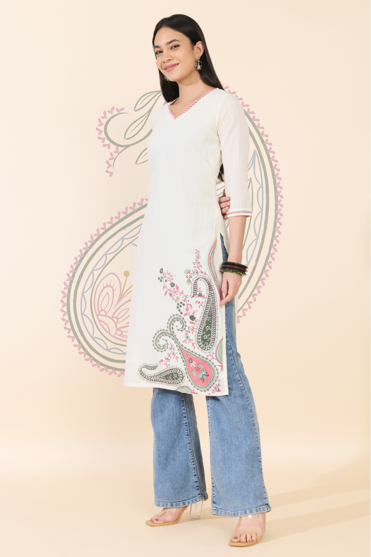 OFF WHITE PAISLEY PRINTED COTTON KURTA