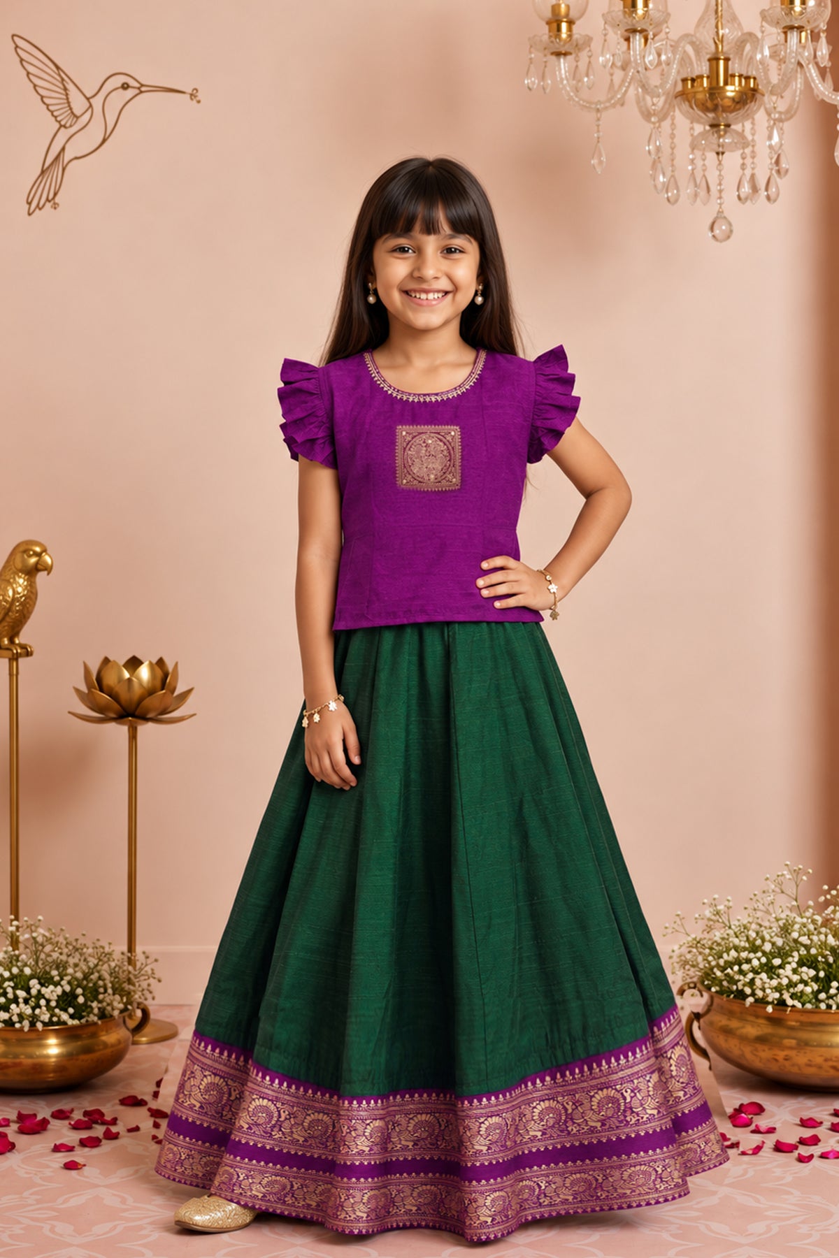 Purple Peacock Embroidered Panelled Kids Skirt Set