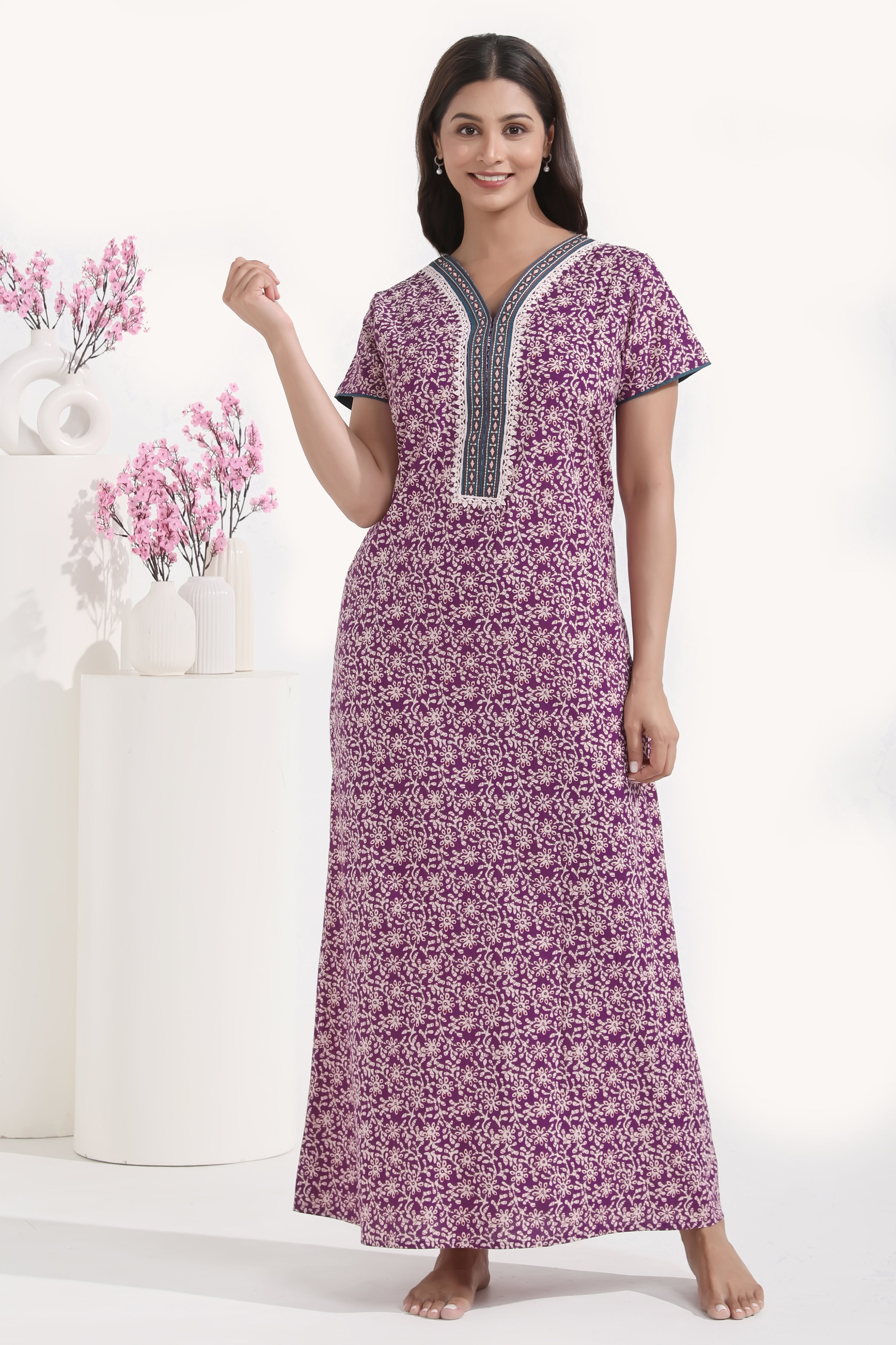 Floral Batik Printed Purple Cotton Nighty