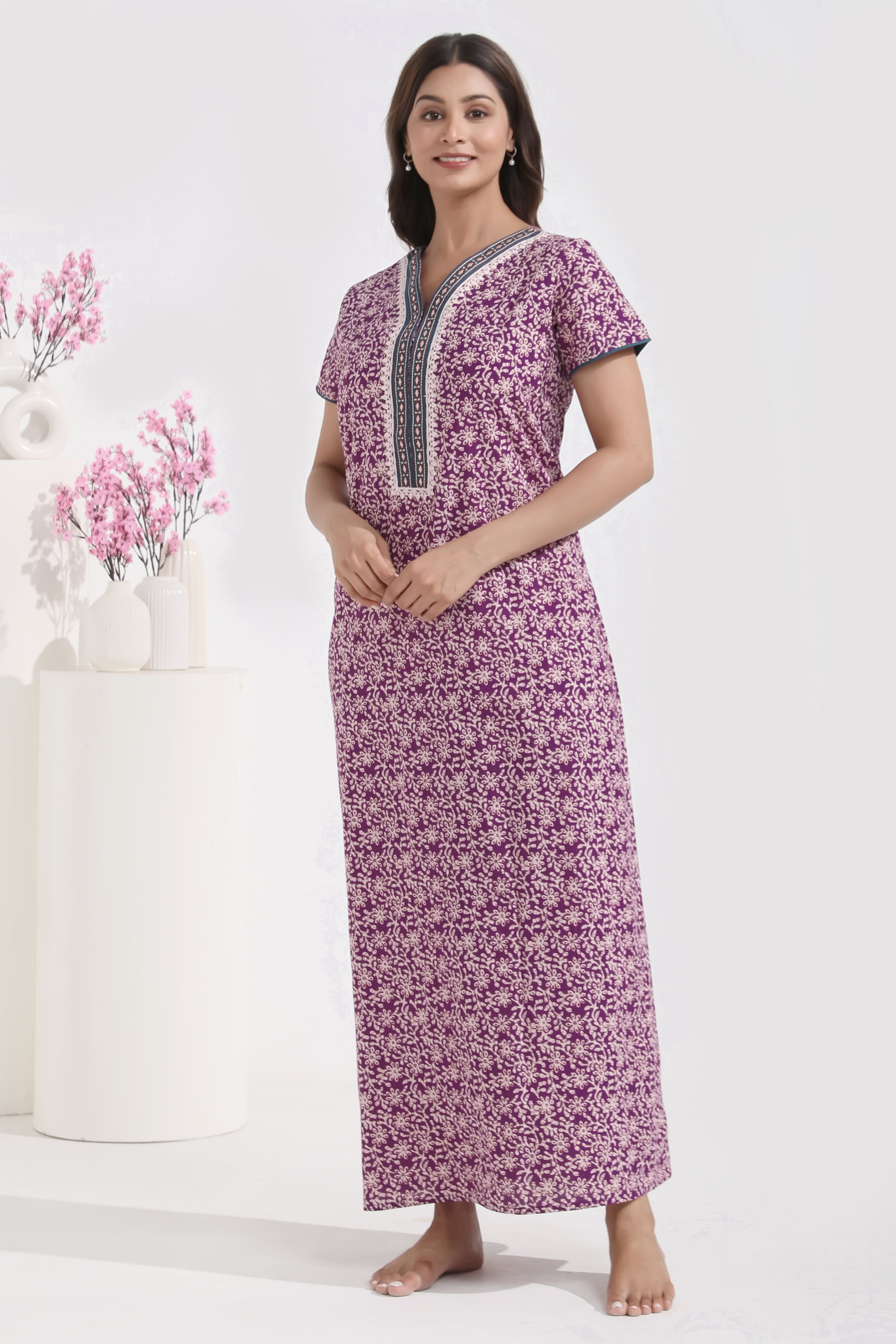 Floral Batik Printed Purple Cotton Nighty