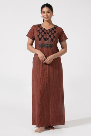 Maroon Cotton Nighty with Ajrakh Print