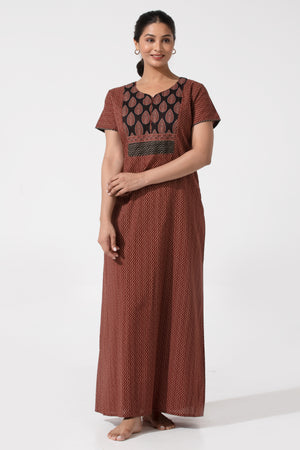 Maroon Cotton Nighty with Ajrakh Print