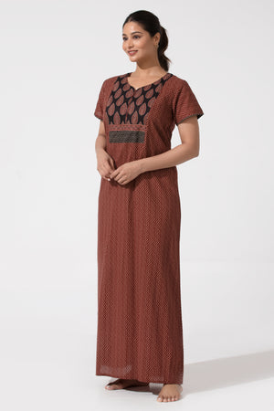 Maroon Cotton Nighty with Ajrakh Print