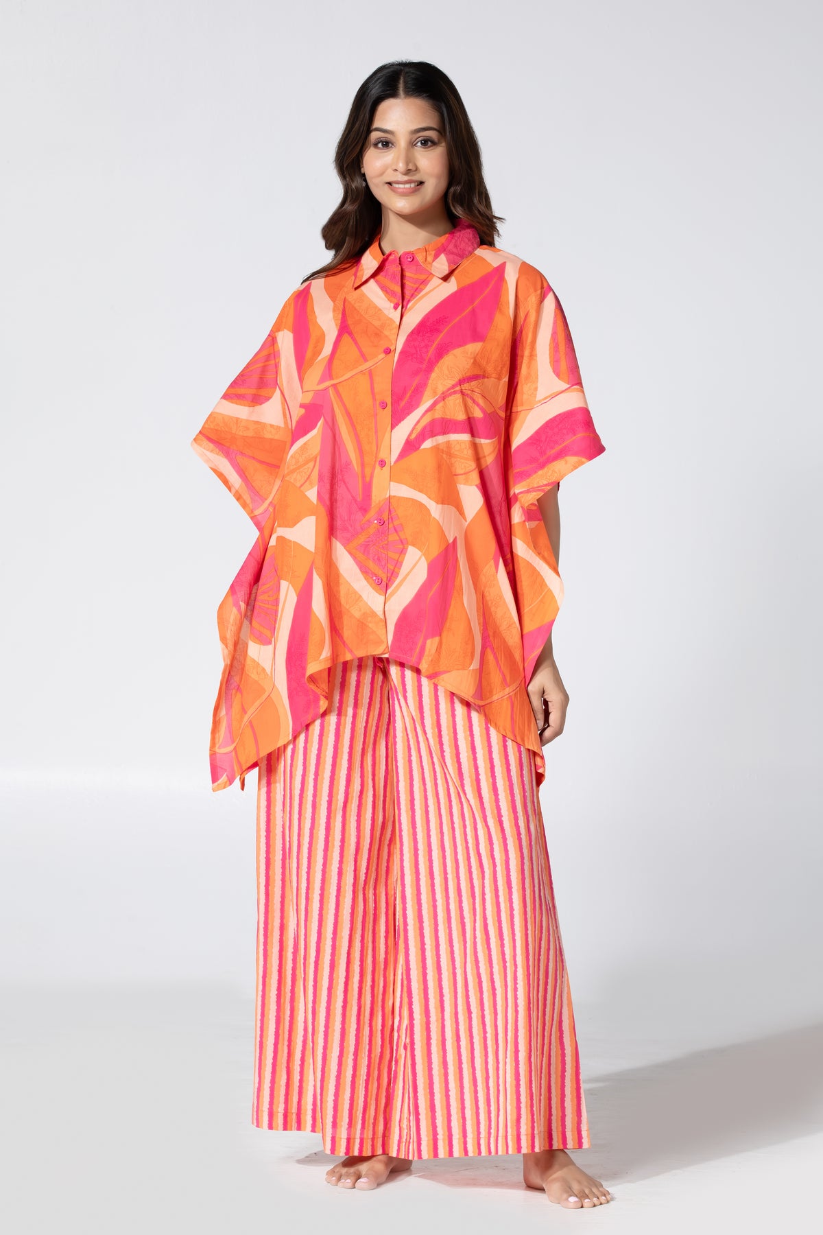Abstract Floral Printed Pink & Orange Cotton Pyjama Set