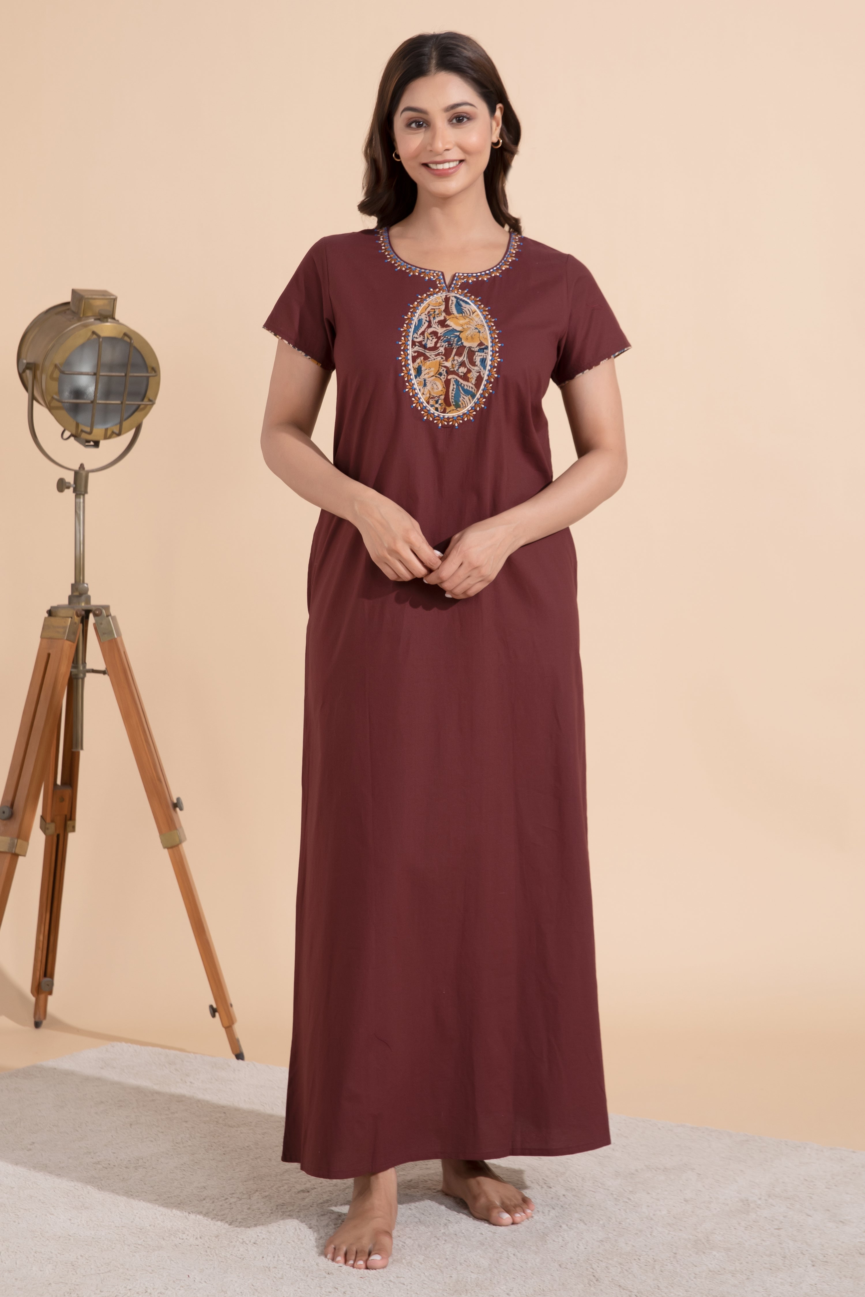 Brown Cotton Nighty with Kalamkari Yoke Patchwok