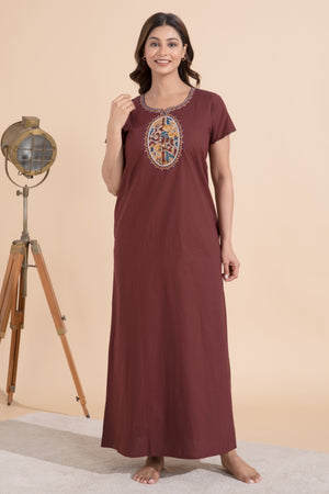 Brown Cotton Nighty with Kalamkari Yoke Patchwok