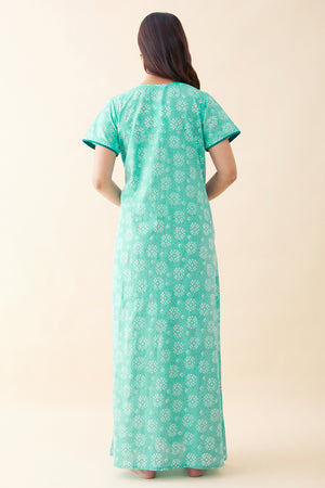 Bandhani Painted & Embroidered Nighty - Blue