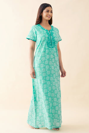 Bandhani Painted & Embroidered Nighty - Blue
