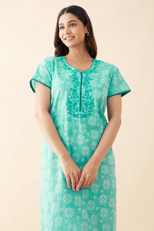 Bandhani Painted & Embroidered Nighty - Blue