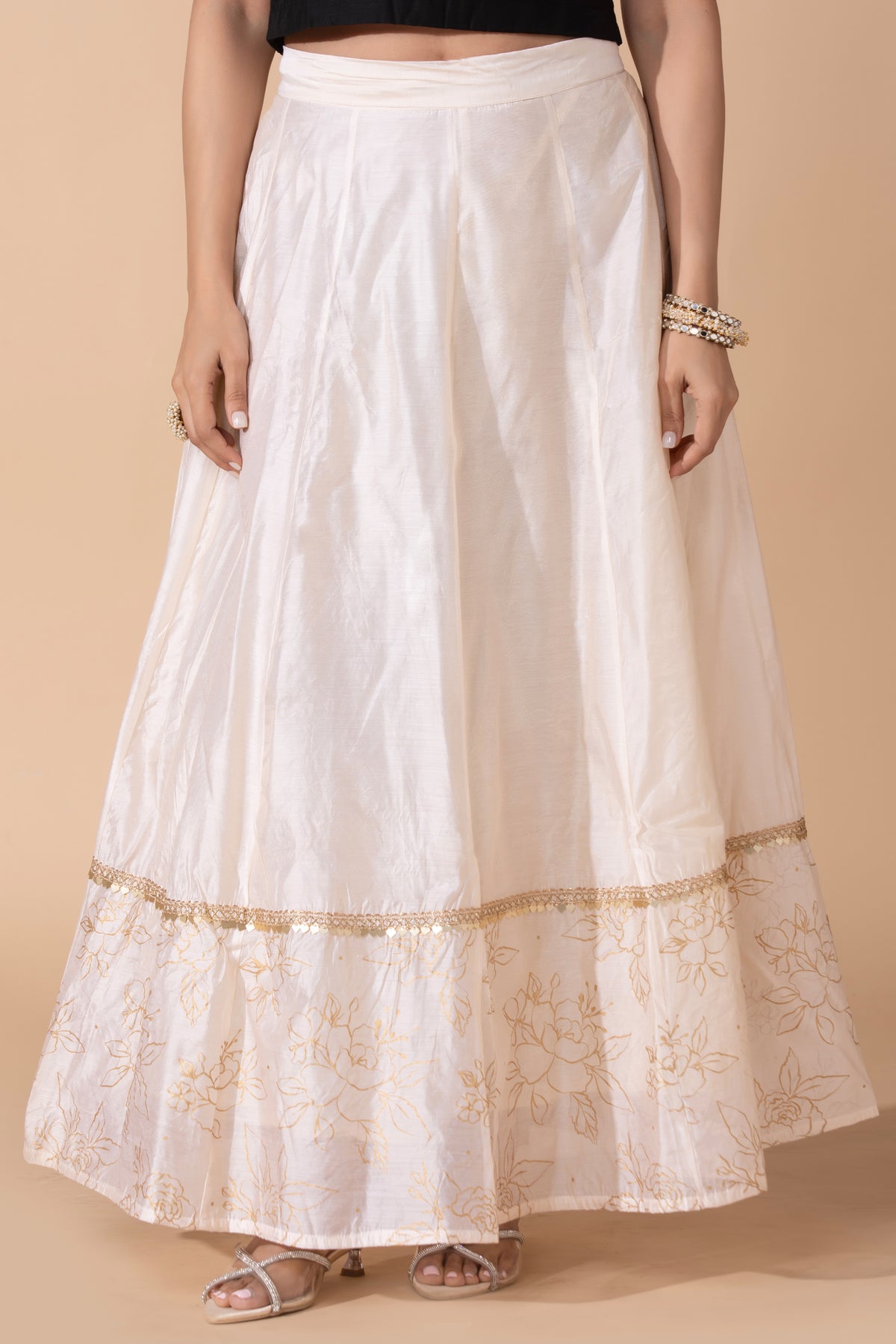 Off White Floral Printed Panelled Festive Skirt