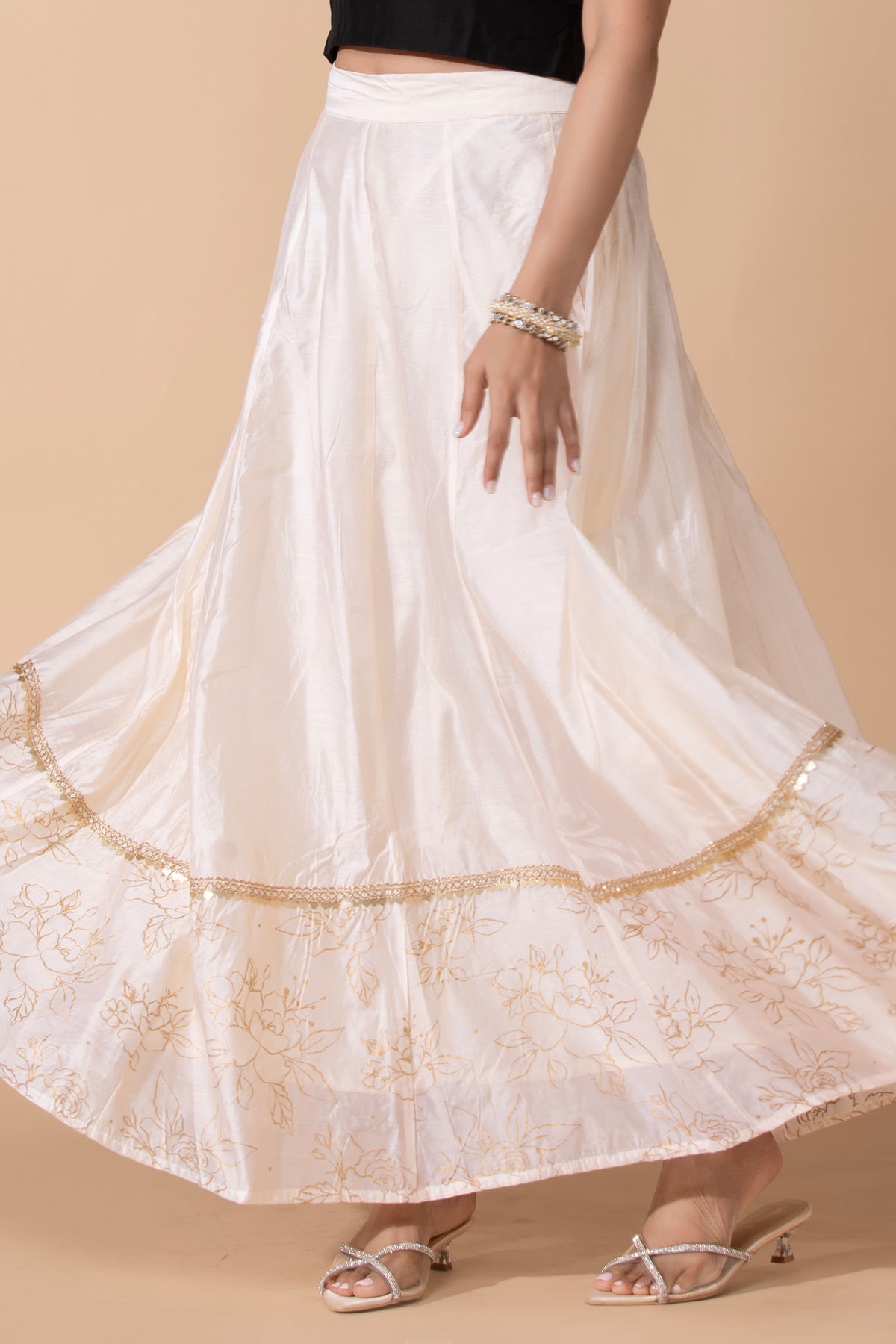 Off White Floral Printed Panelled Festive Skirt