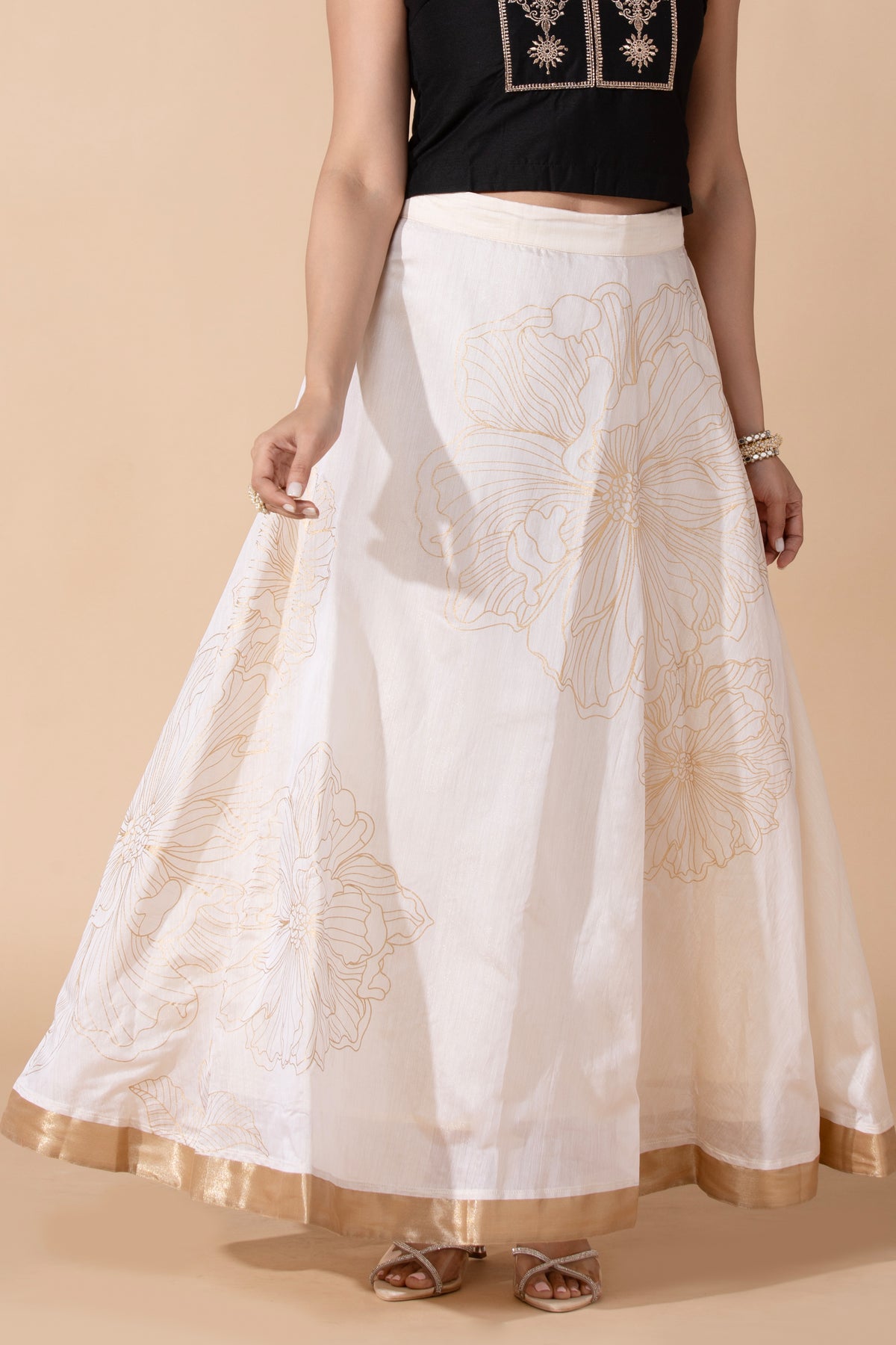 Off White Floral Printed Circular Kota Khakhi Skirt